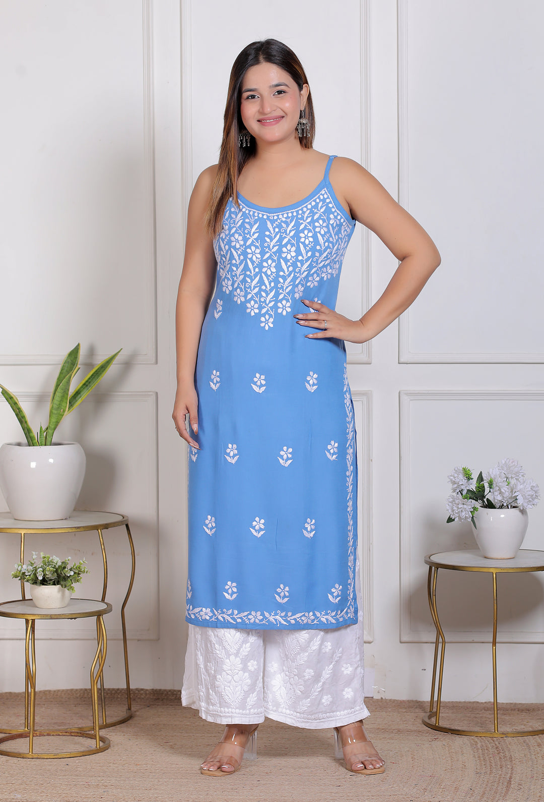 Raima Chikankari Spaghetti rayon long kurti