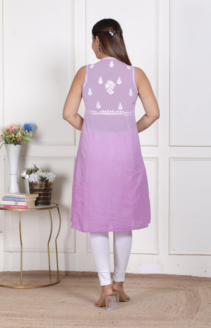 Pankhudi Cotton Chikankari Sleeveless Long Kurti Lilac