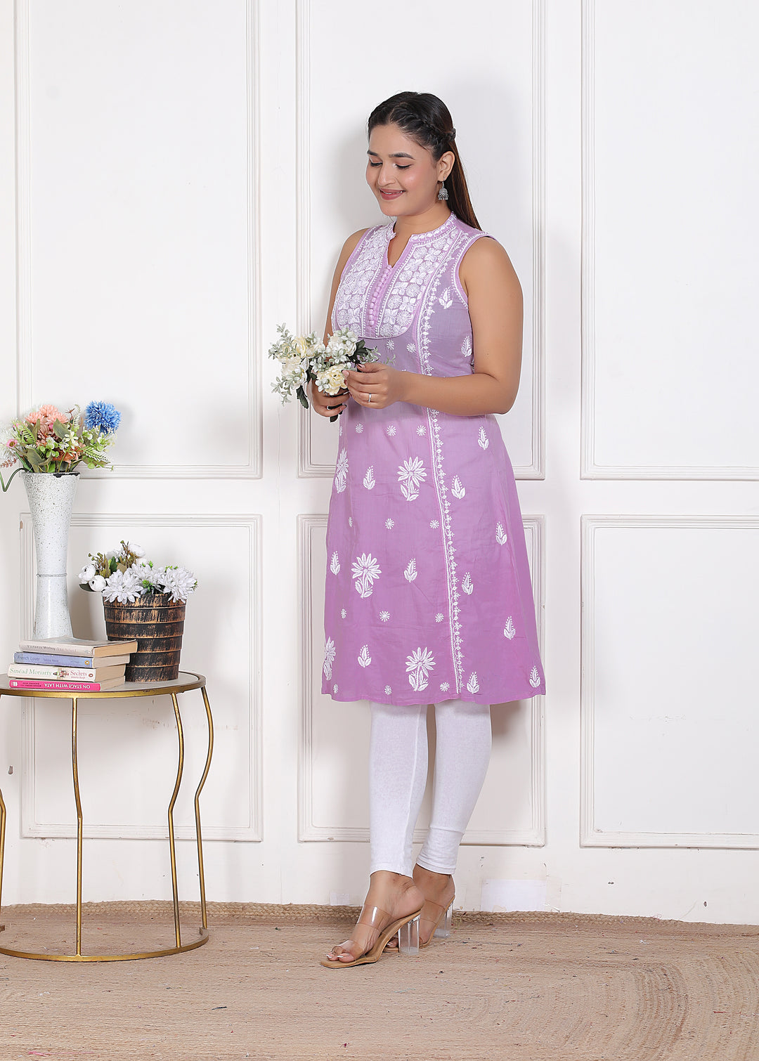Pankhudi Cotton Chikankari Sleeveless Long Kurti Lilac