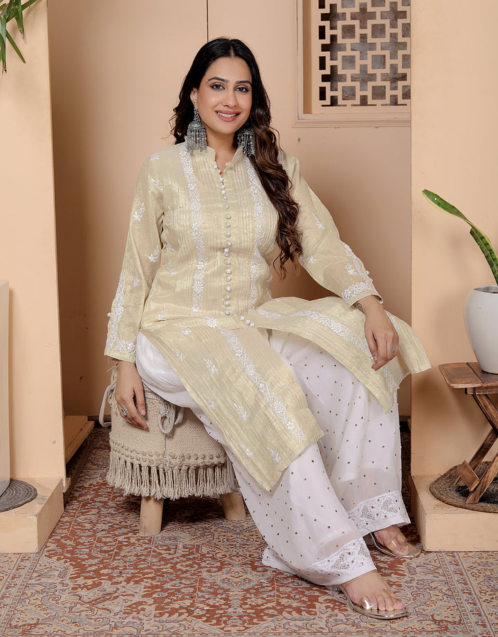 Barkha Gold Tissue chikankari Long kurti