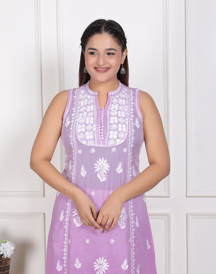 Pankhudi Cotton Chikankari Sleeveless Long Kurti Lilac