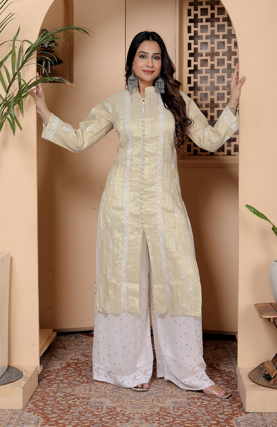 Barkha Gold Tissue chikankari Long kurti
