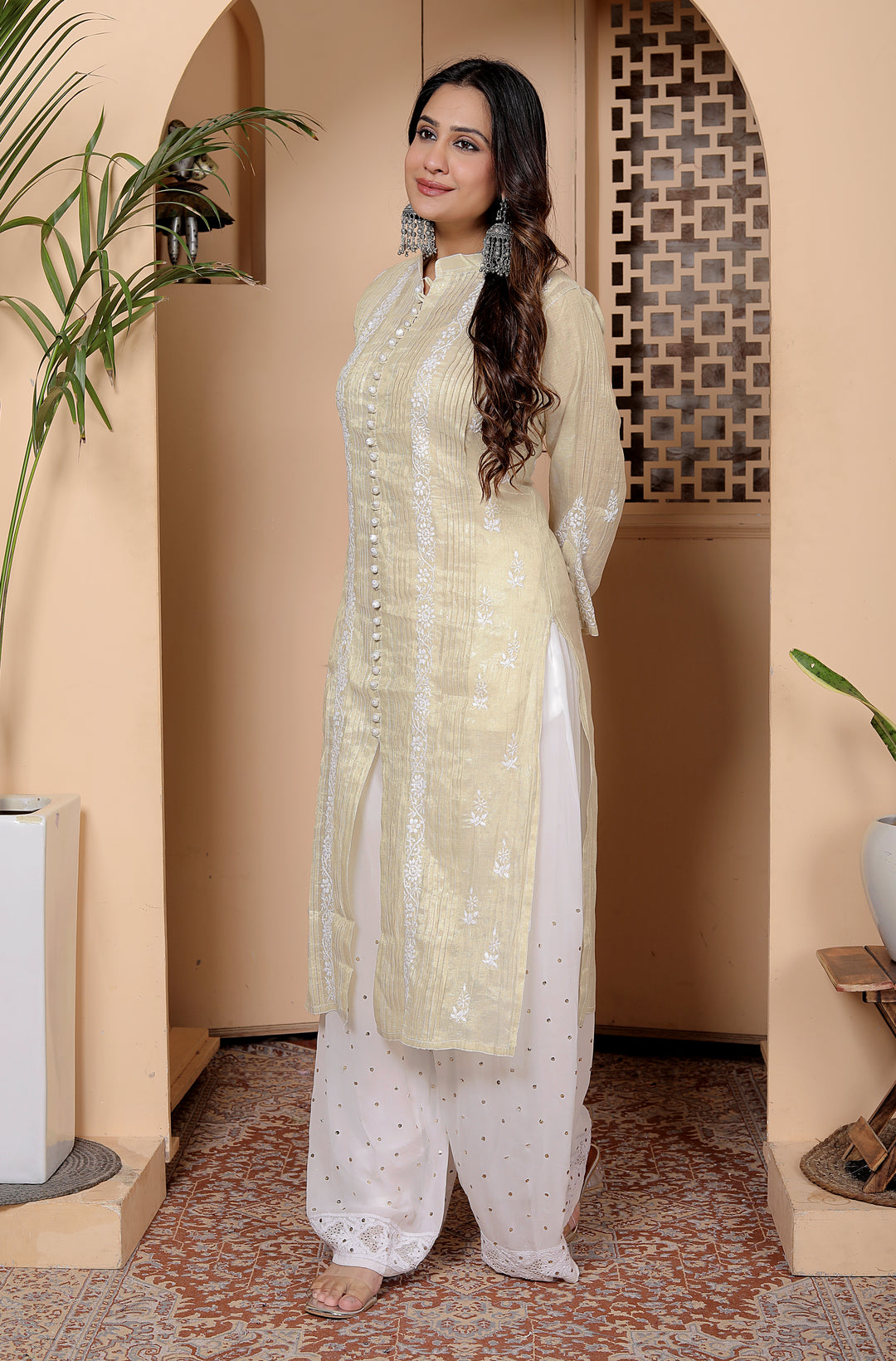 Barkha Gold Tissue chikankari Long kurti