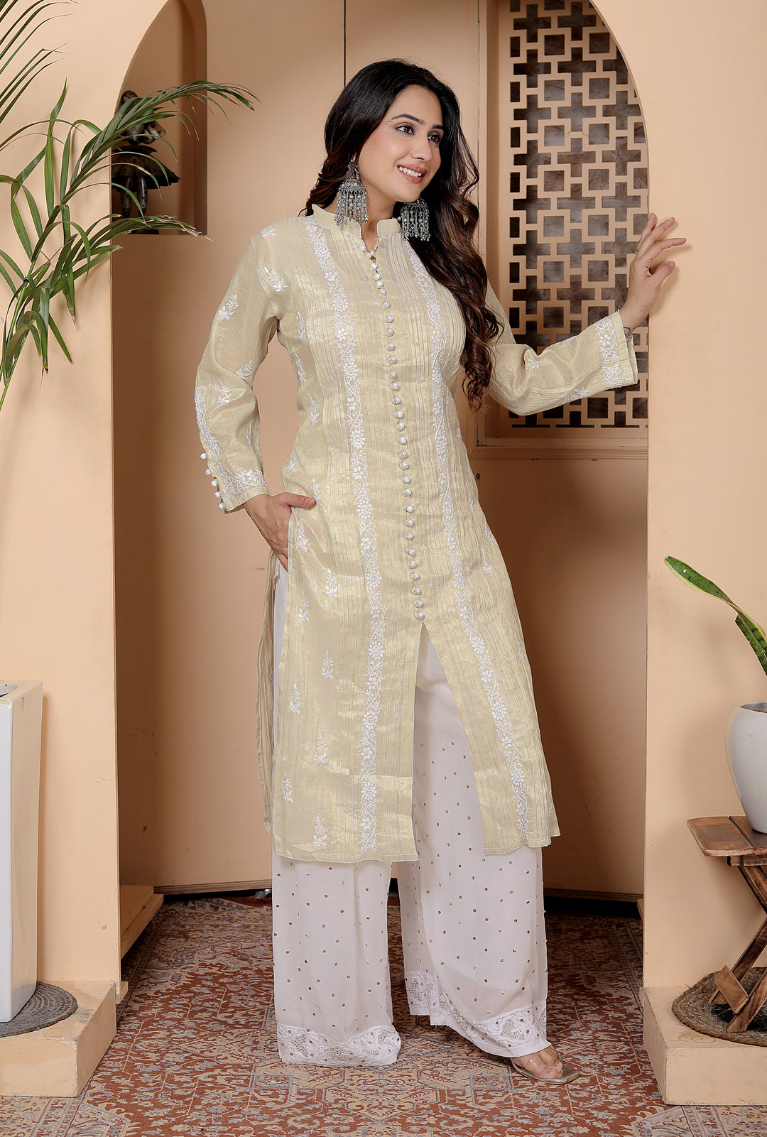 Barkha Gold Tissue chikankari Long kurti