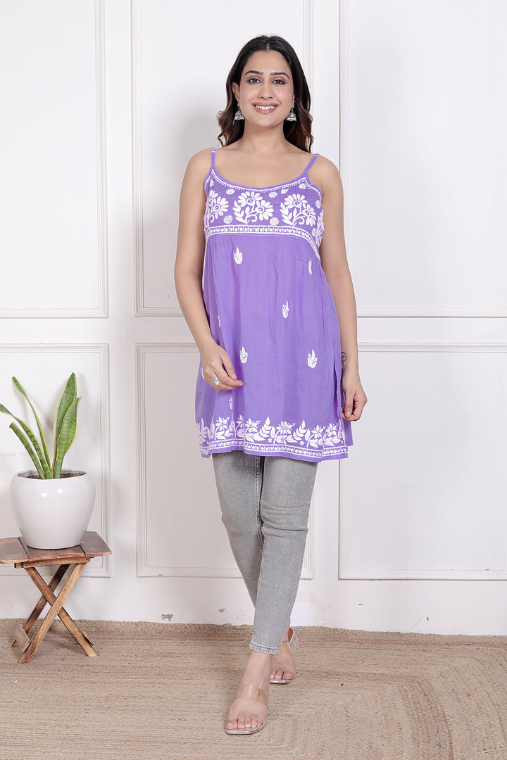 Saiyyara Purple Chikankari Spaghetti Short Top