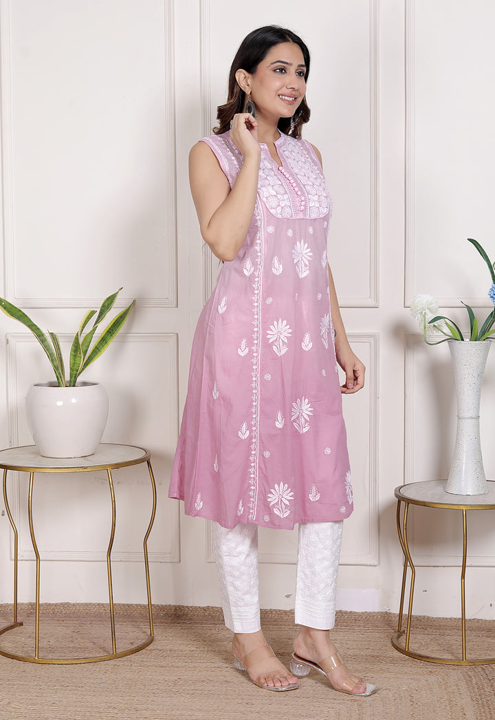 Pankhudi Cotton Chikankari Sleeveless Long Kurti