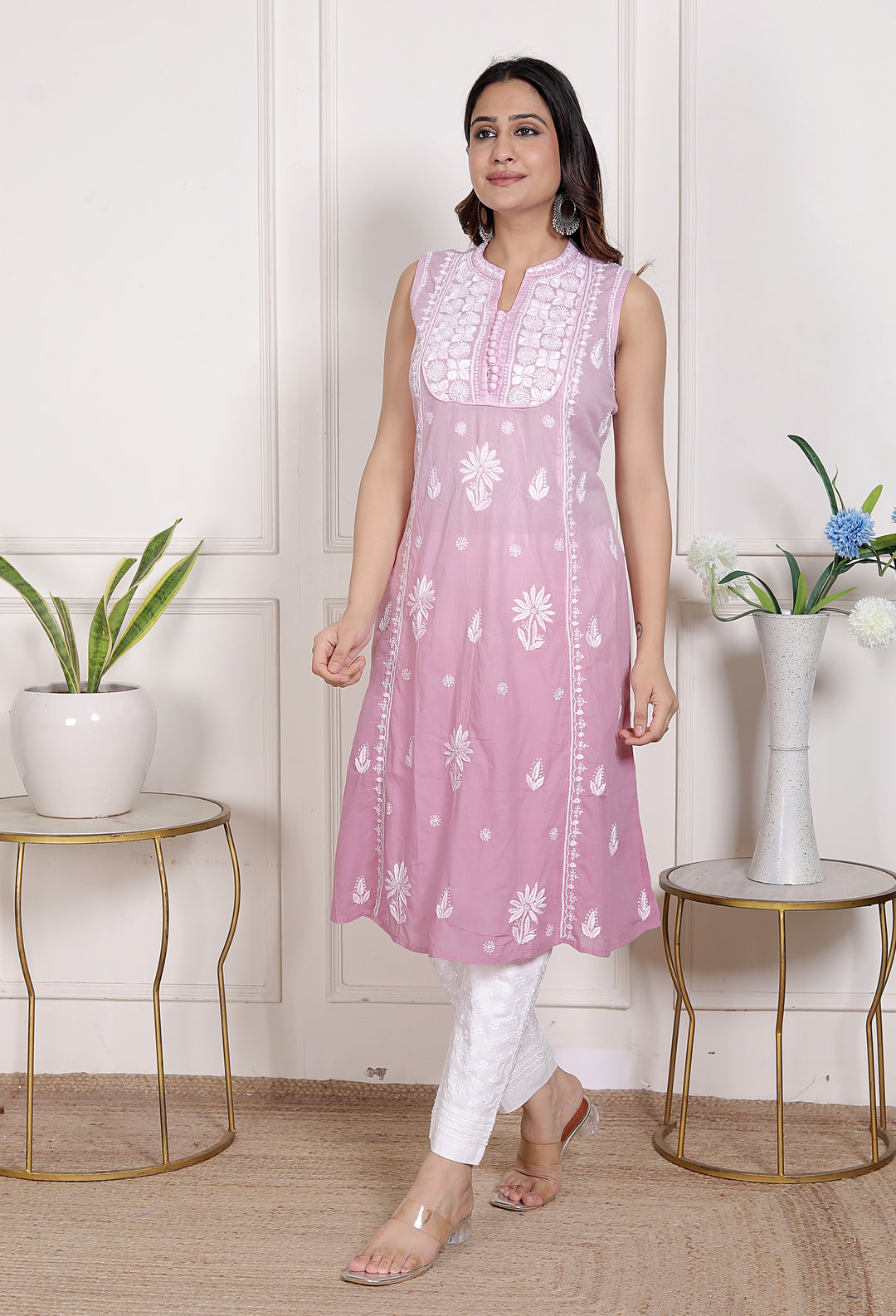 Pankhudi Cotton Chikankari Sleeveless Long Kurti