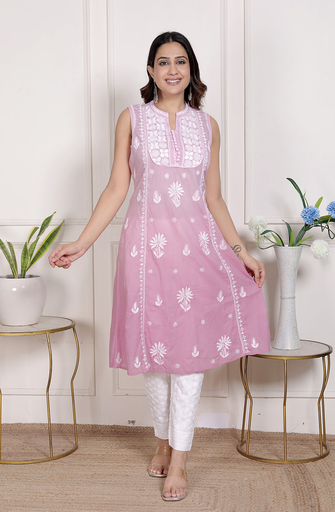 Pankhudi Cotton Chikankari Sleeveless Long Kurti