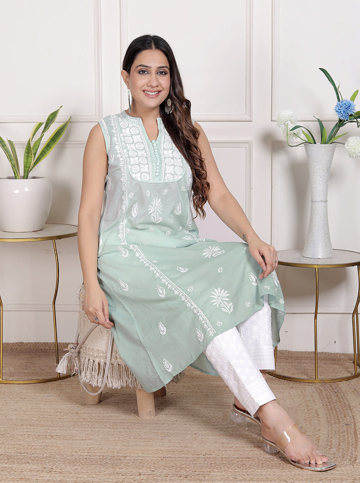 Pankhudi Cotton Chikankari Sleeveless Long Kurti