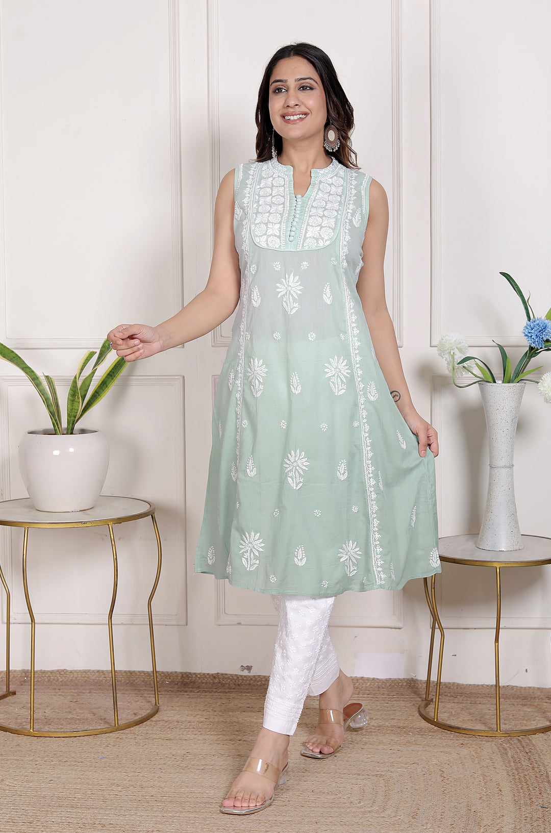 Pankhudi Cotton Chikankari Sleeveless Long Kurti