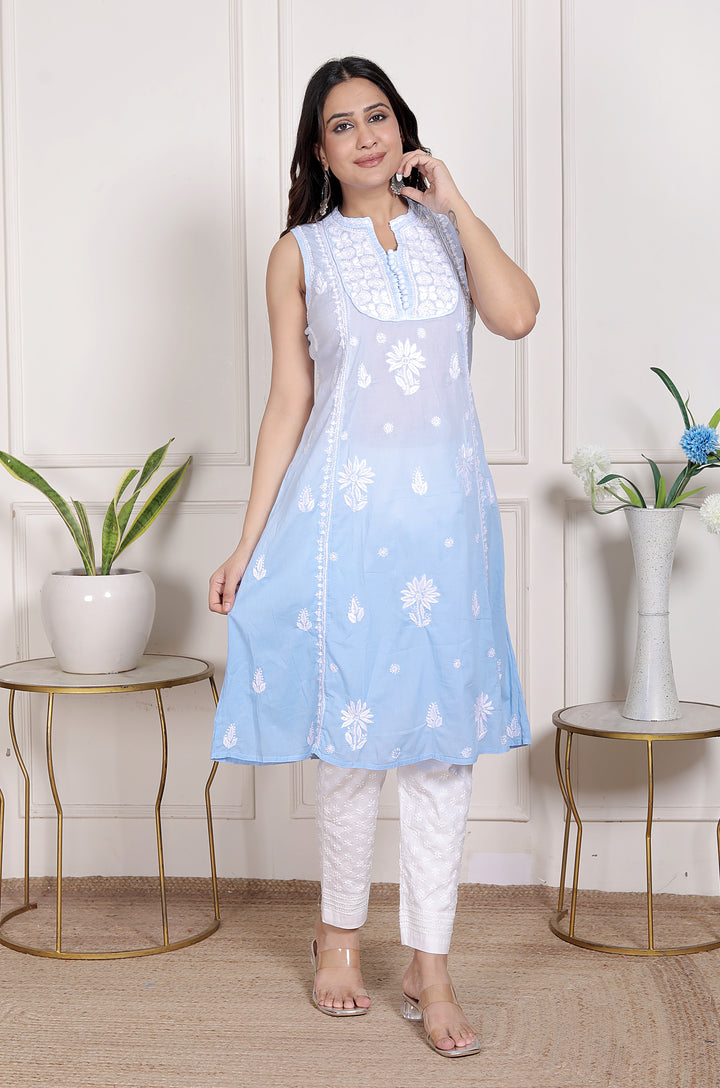 Pankhudi Cotton Chikankari Sleeveless Long Kurti
