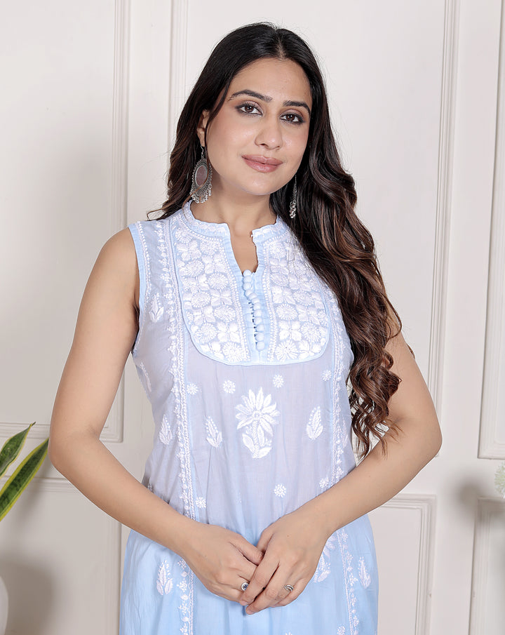 Pankhudi Cotton Chikankari Sleeveless Long Kurti