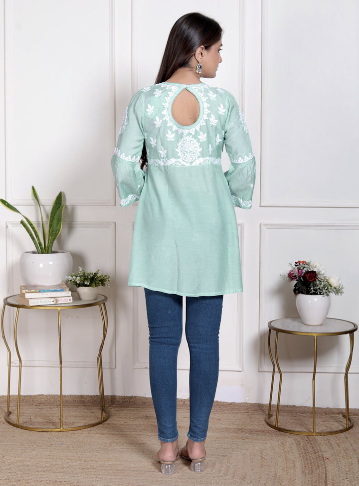 ANYA MUSLIN CHIKANKARI SHORT TOP GREEN
