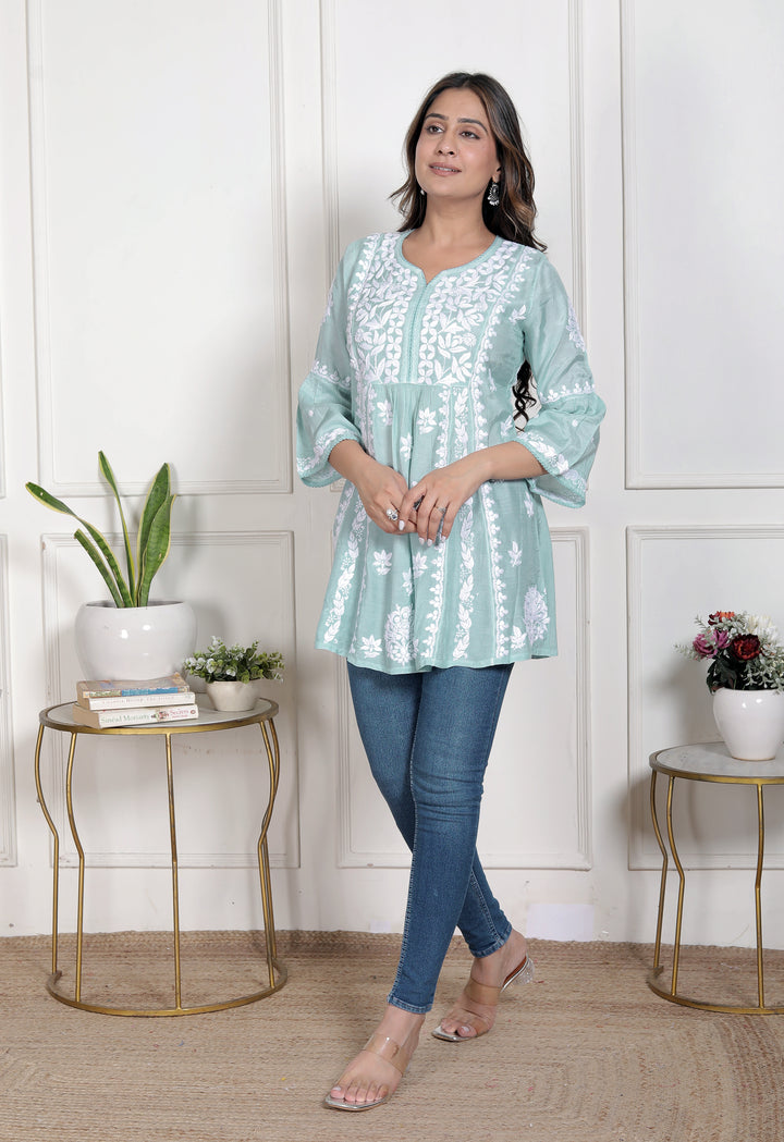 ANYA MUSLIN CHIKANKARI SHORT TOP GREEN