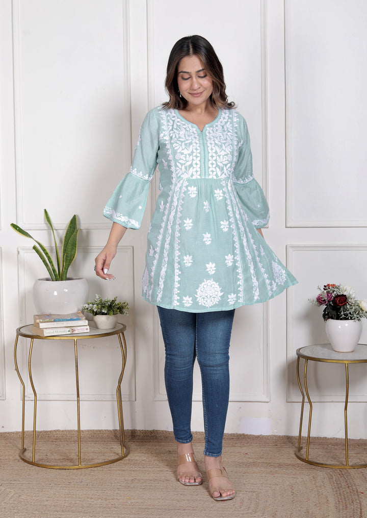 ANYA MUSLIN CHIKANKARI SHORT TOP GREEN
