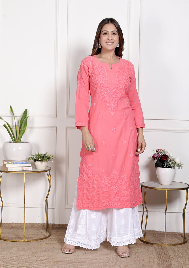 Saify Cotton Chikankari Long Kurti