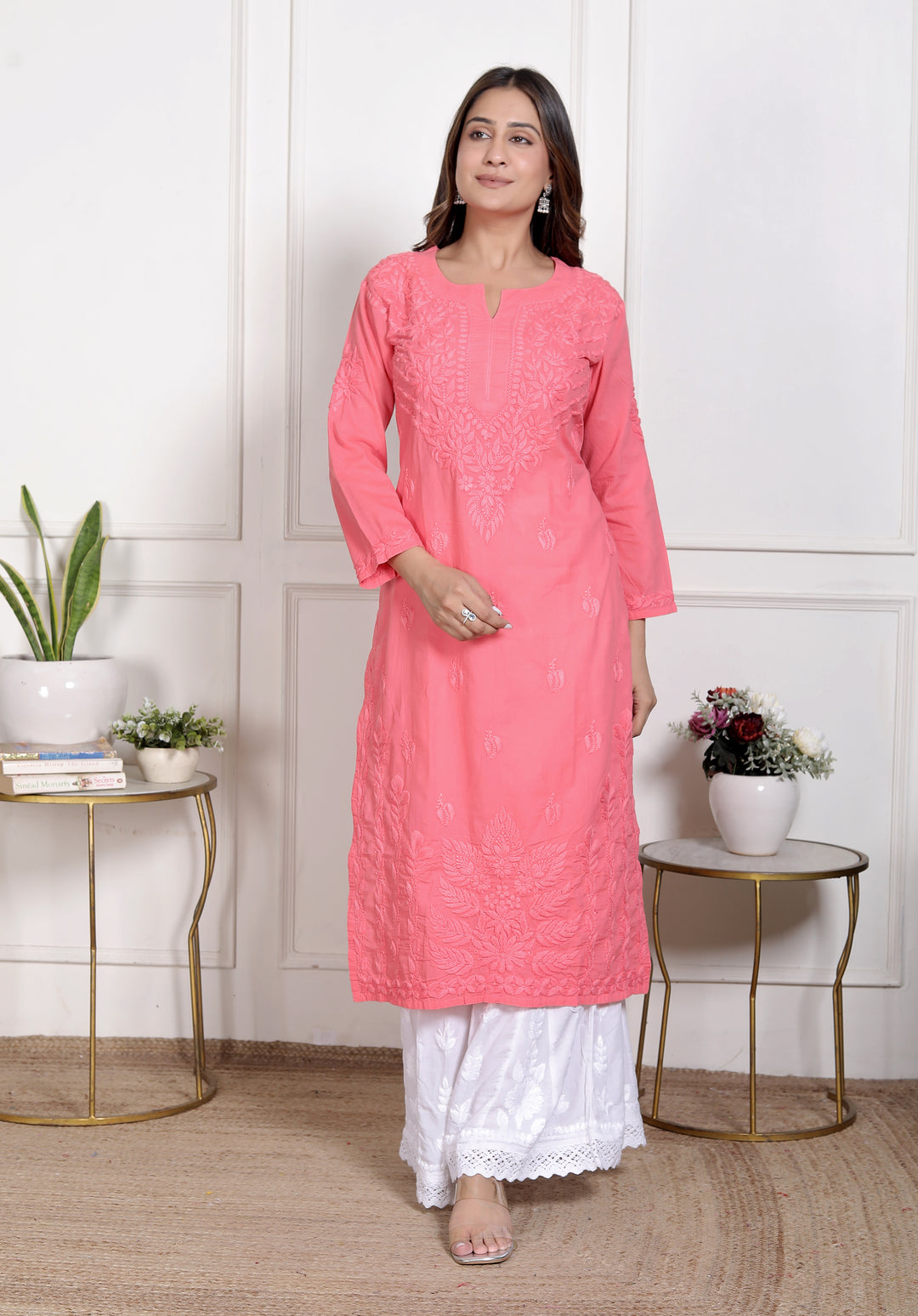 Saify Cotton Chikankari Long Kurti