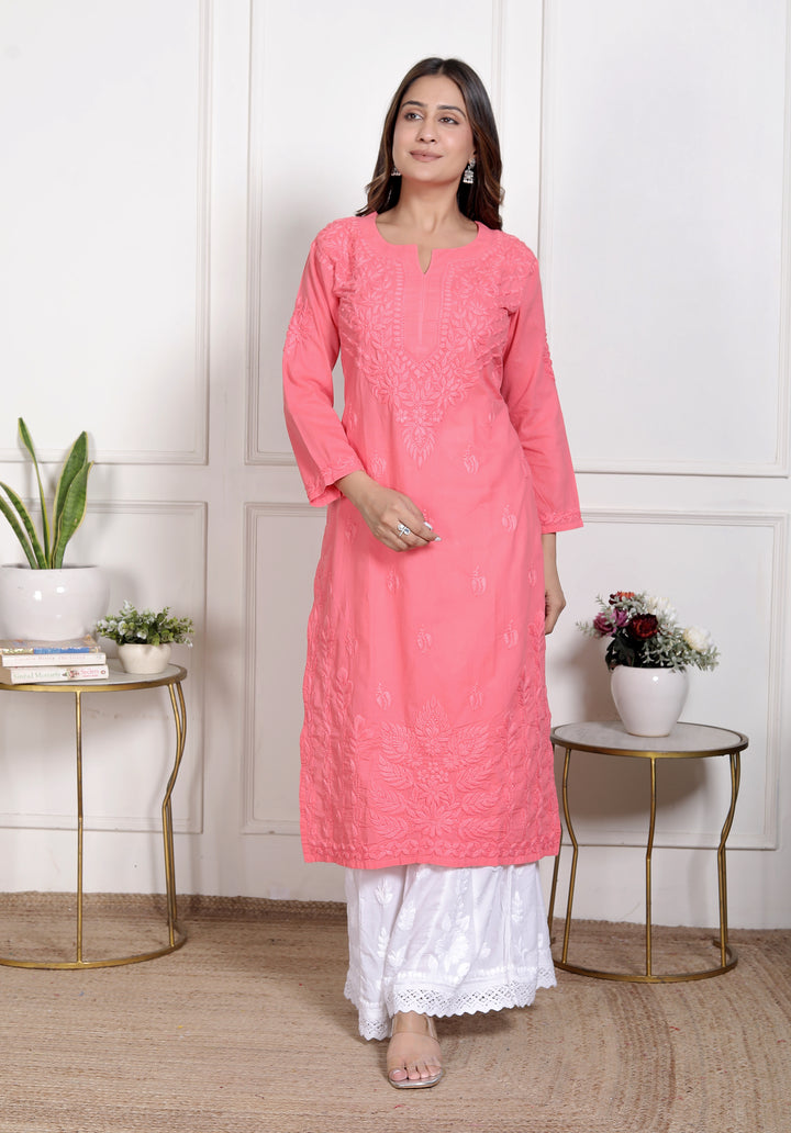 Saify Cotton Chikankari Long Kurti