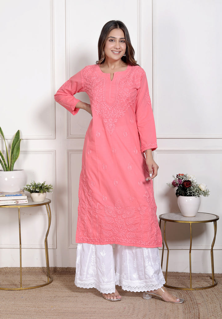 Saify Cotton Chikankari Long Kurti