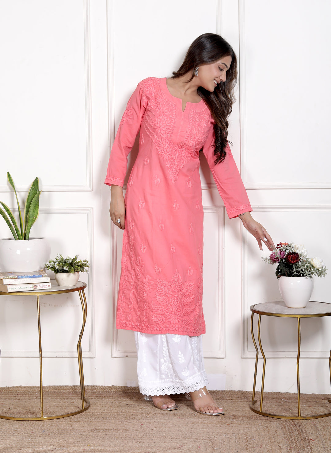 Saify Cotton Chikankari Long Kurti