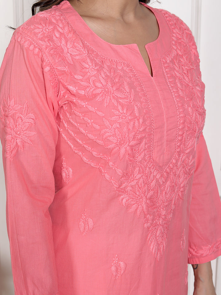 Saify Cotton Chikankari Long Kurti