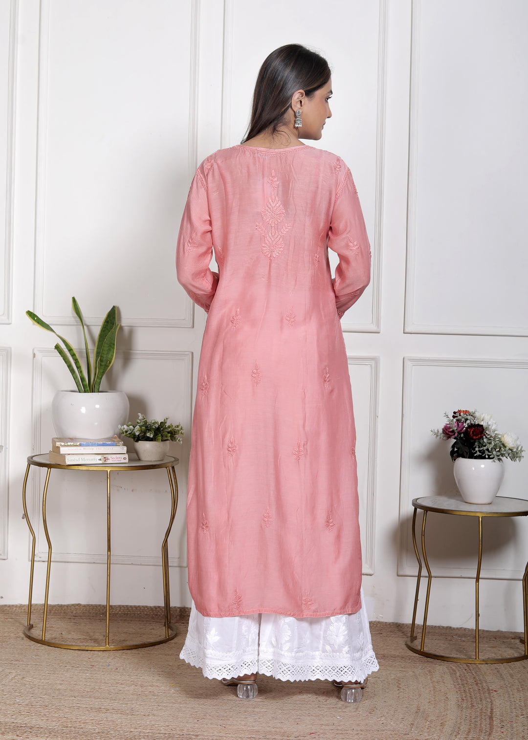 Fawn Muslin Chikankari Long Kurti