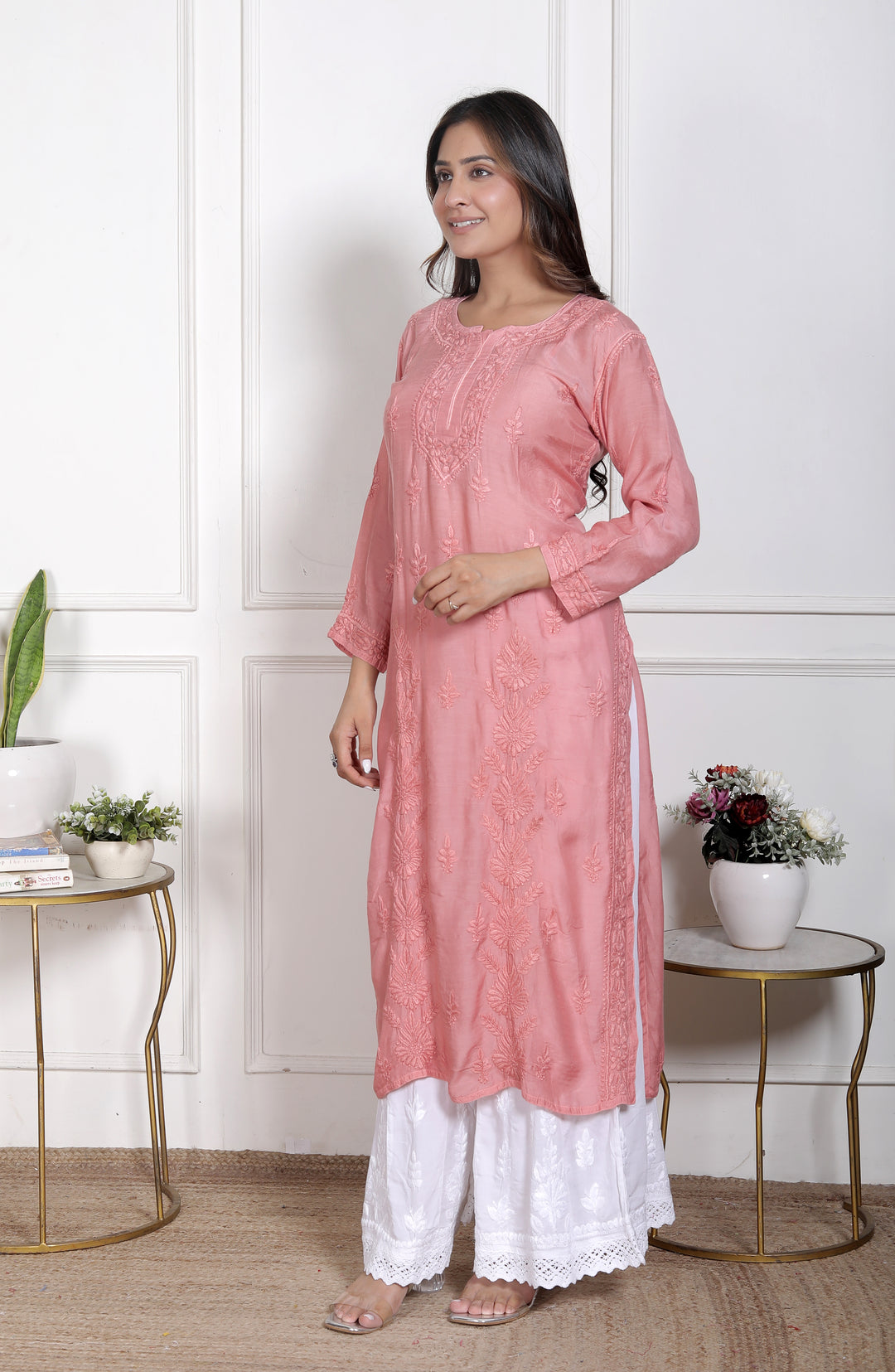 Fawn Muslin Chikankari Long Kurti