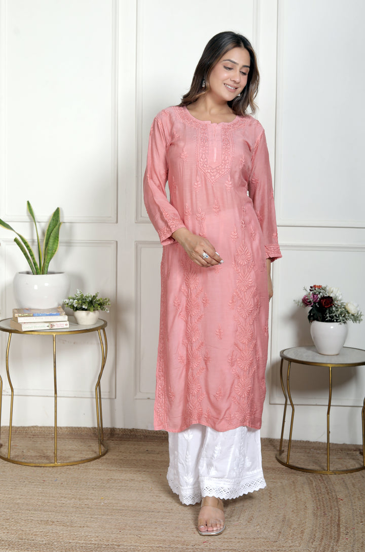 Fawn Muslin Chikankari Long Kurti