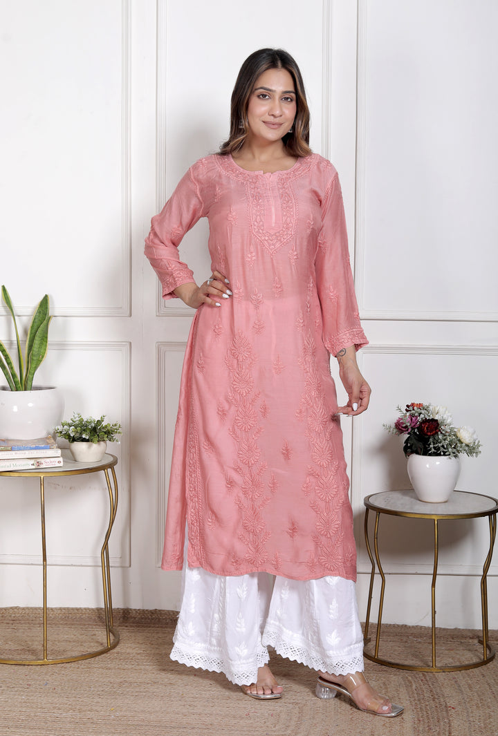 Fawn Muslin Chikankari Long Kurti