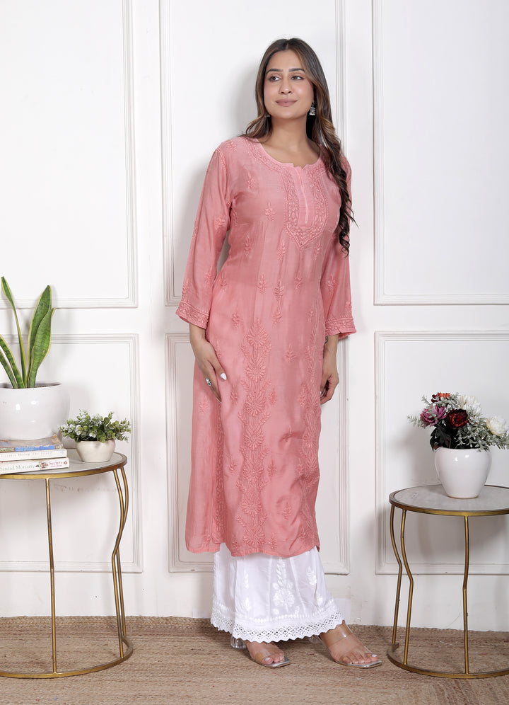 Fawn Muslin Chikankari Long Kurti