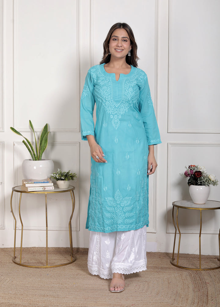Saify Cotton Chikankari Long Kurti