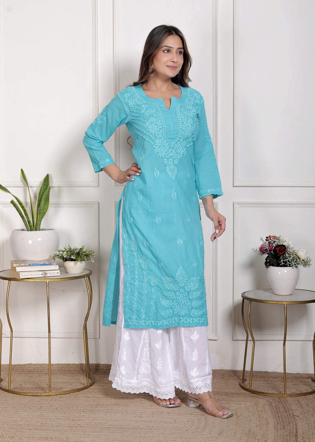 Saify Cotton Chikankari Long Kurti
