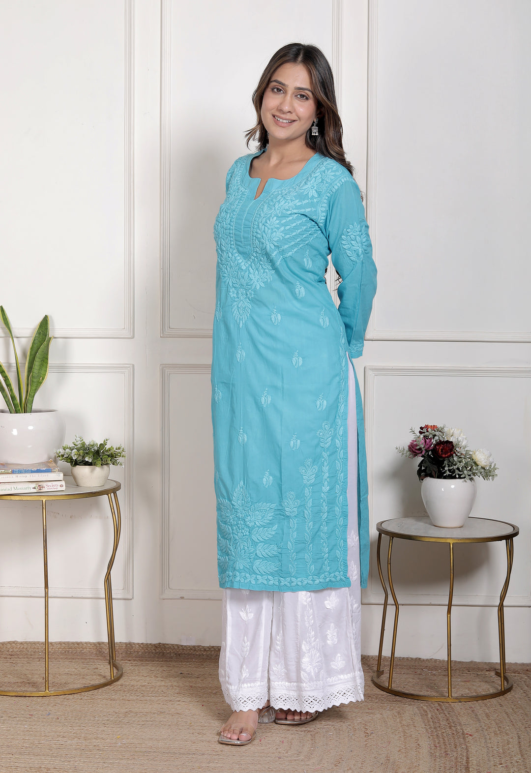 Saify Cotton Chikankari Long Kurti