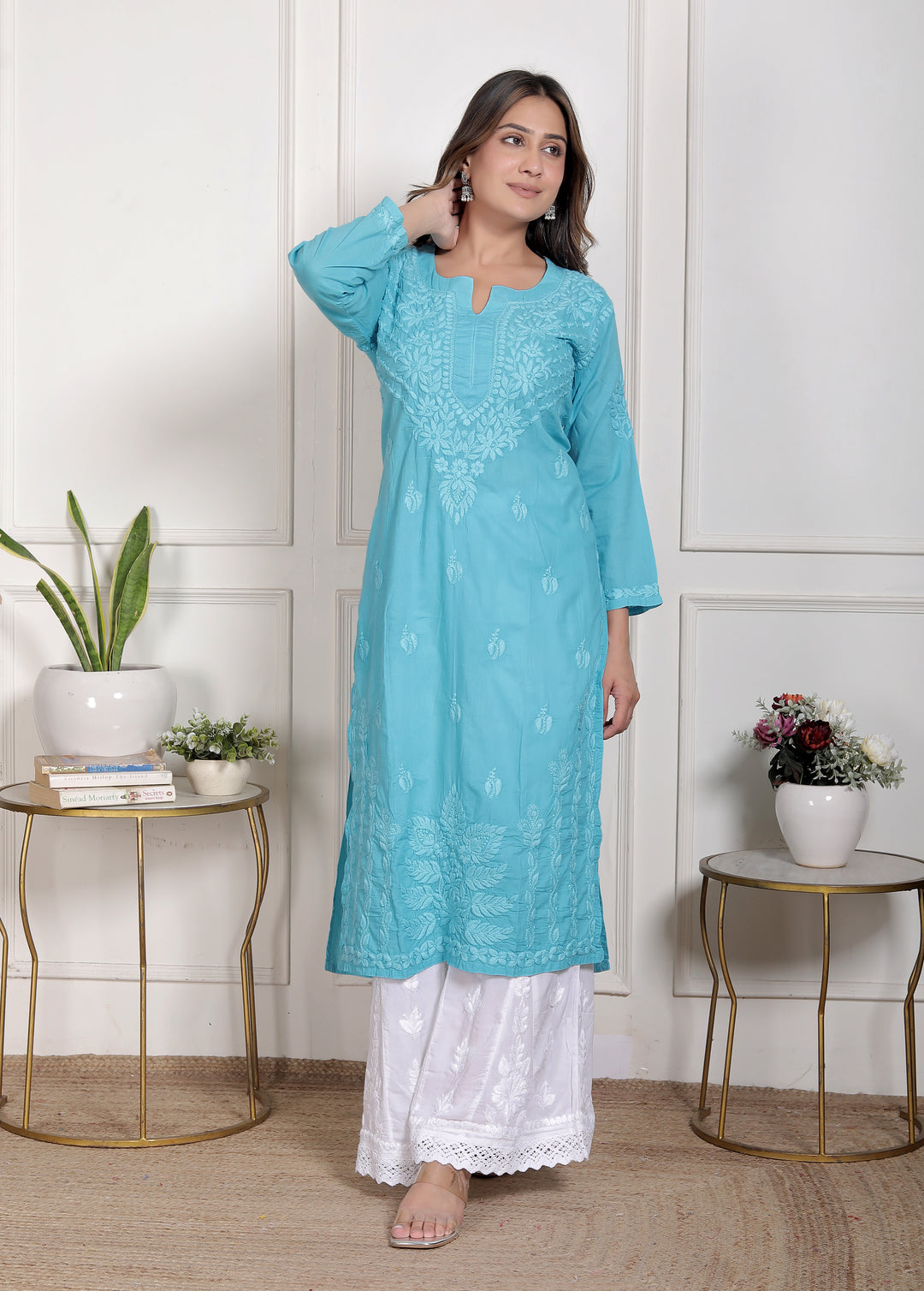 Saify Cotton Chikankari Long Kurti