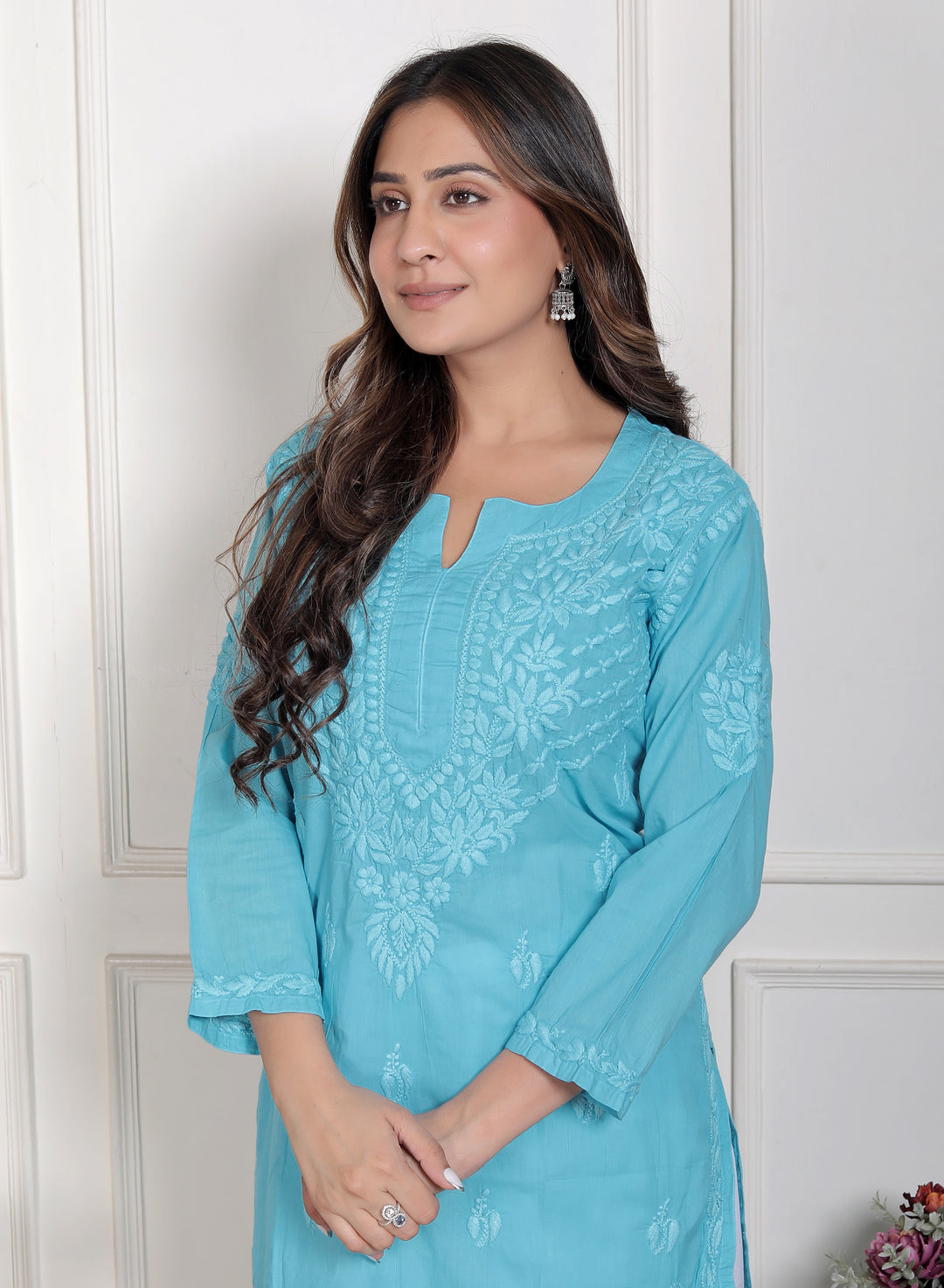 Saify Cotton Chikankari Long Kurti