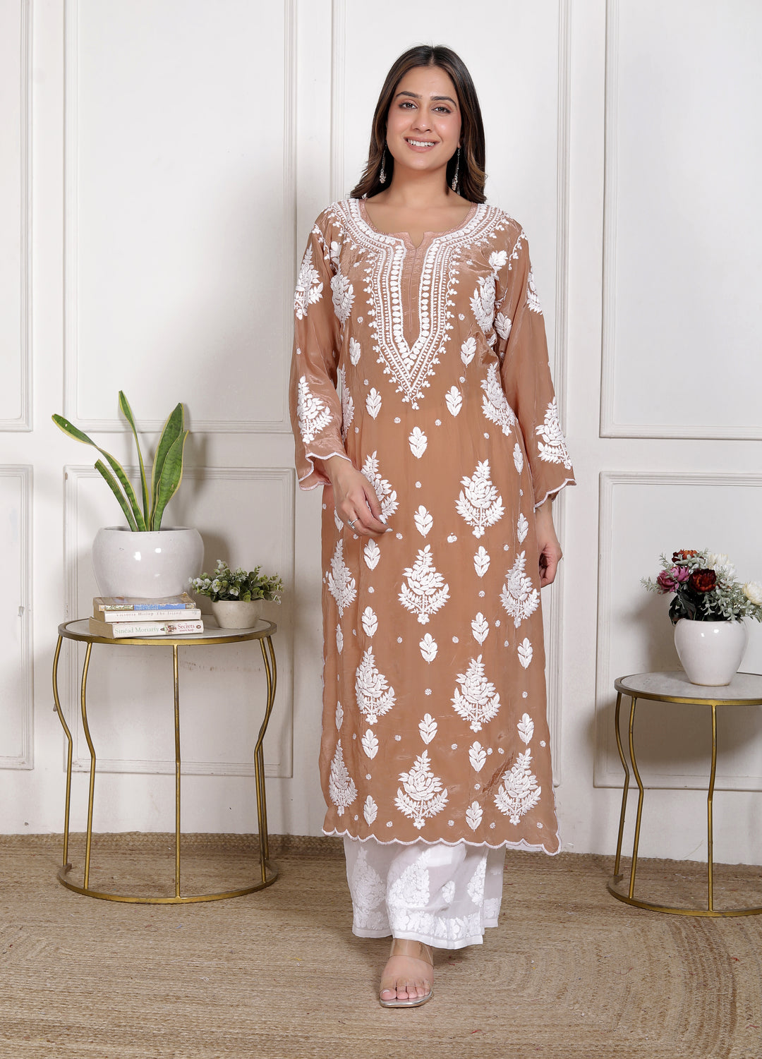Juhi Modal satin Chikankari Long kurti with Scallops