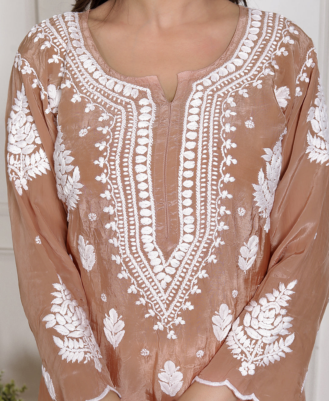 Juhi Modal satin Chikankari Long kurti with Scallops