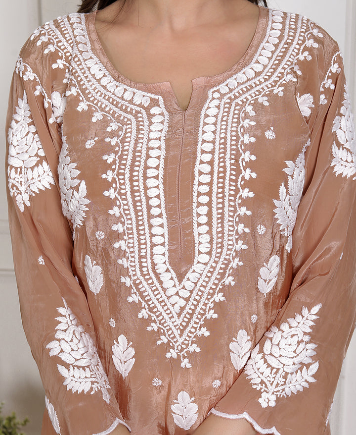 Juhi Modal satin Chikankari Long kurti with Scallops