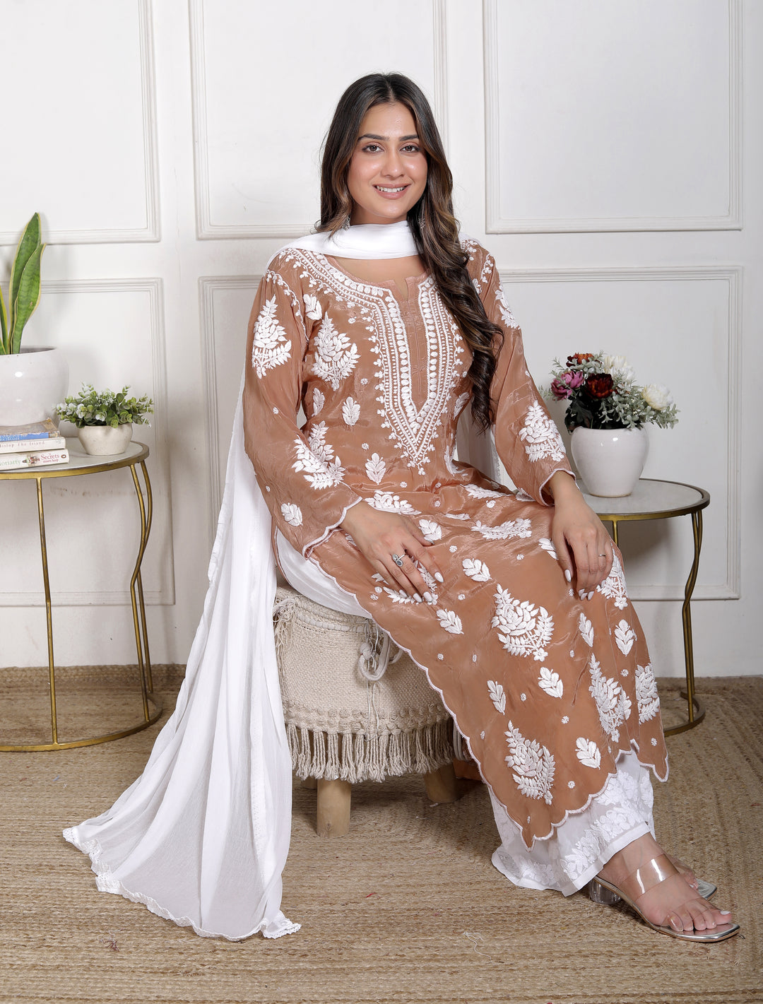 Juhi Modal satin Chikankari Long kurti with Scallops