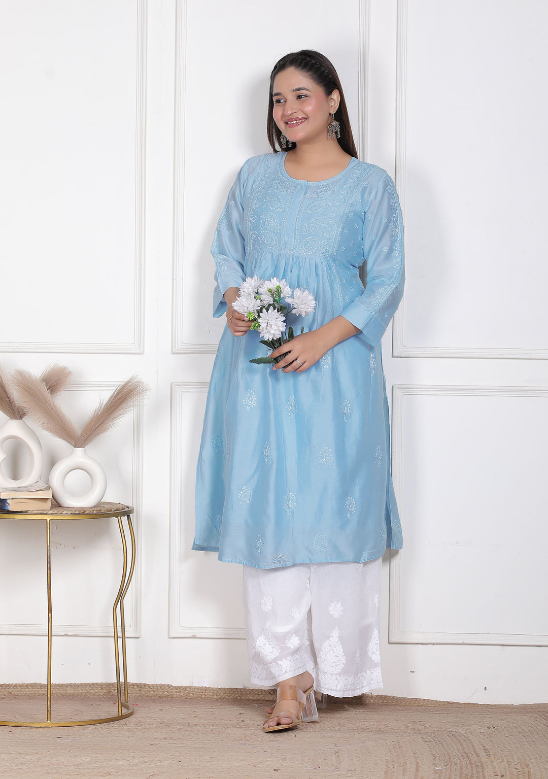 Dua Chanderi Chikankari Long Kurti
