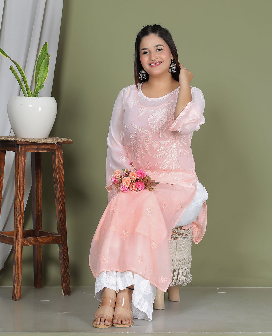 Hanifa Viscose chikankari long kurti