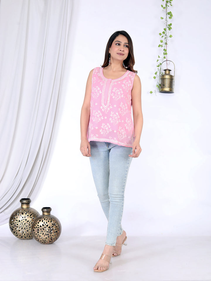 RUBY GEORGETTE CHIKANKARI SHORT TOP