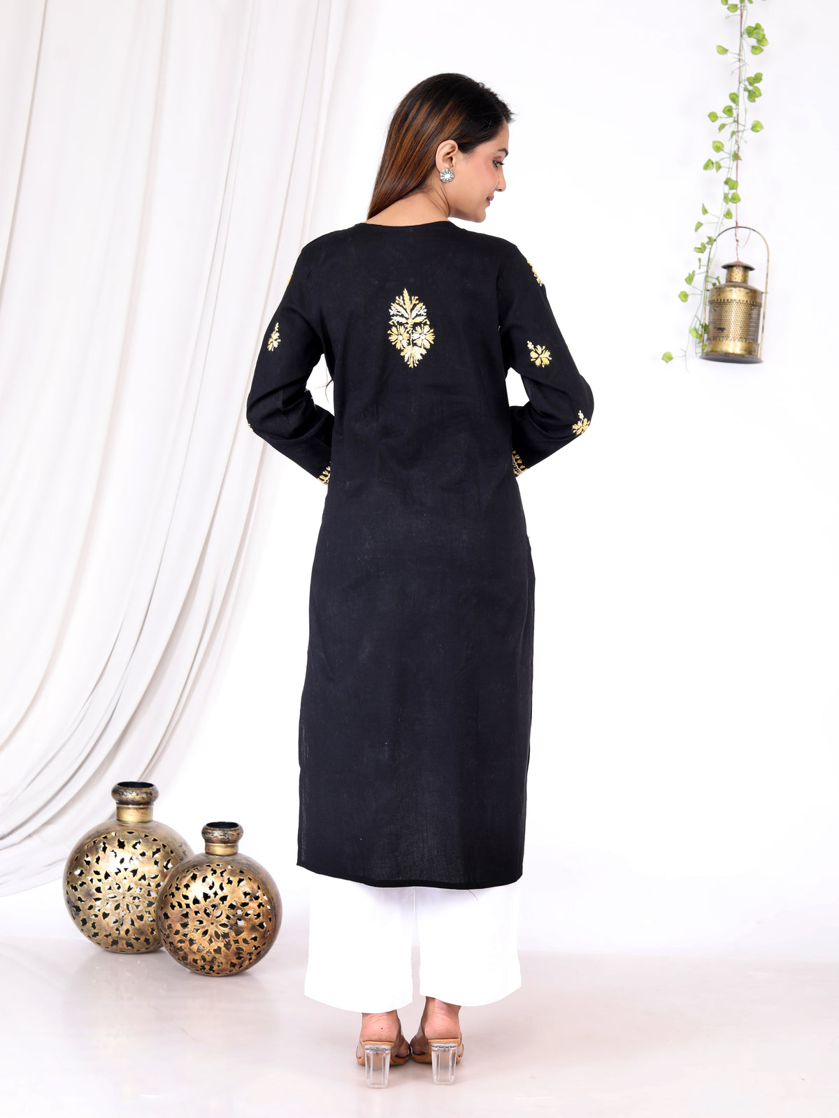 Jannat Black & Yellow Cotton Chikankari Long Kurti-