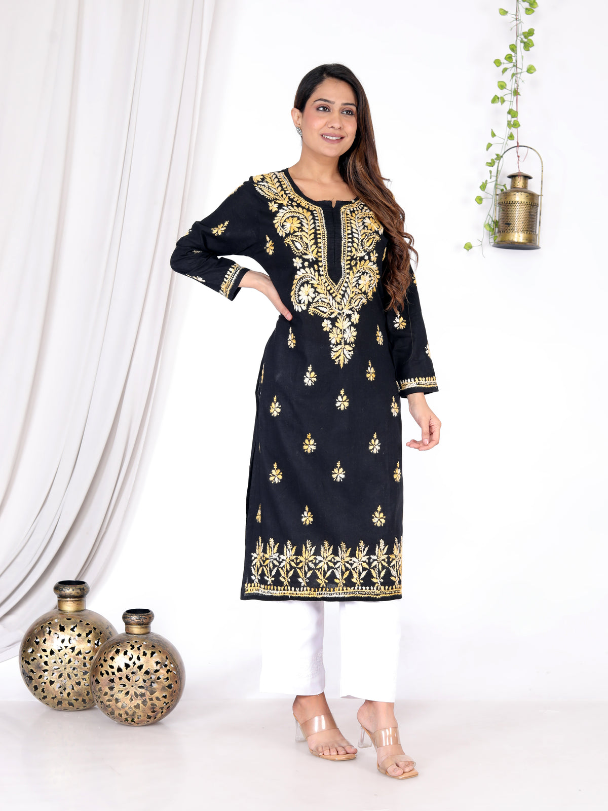 Jannat Black & Yellow Cotton Chikankari Long Kurti-