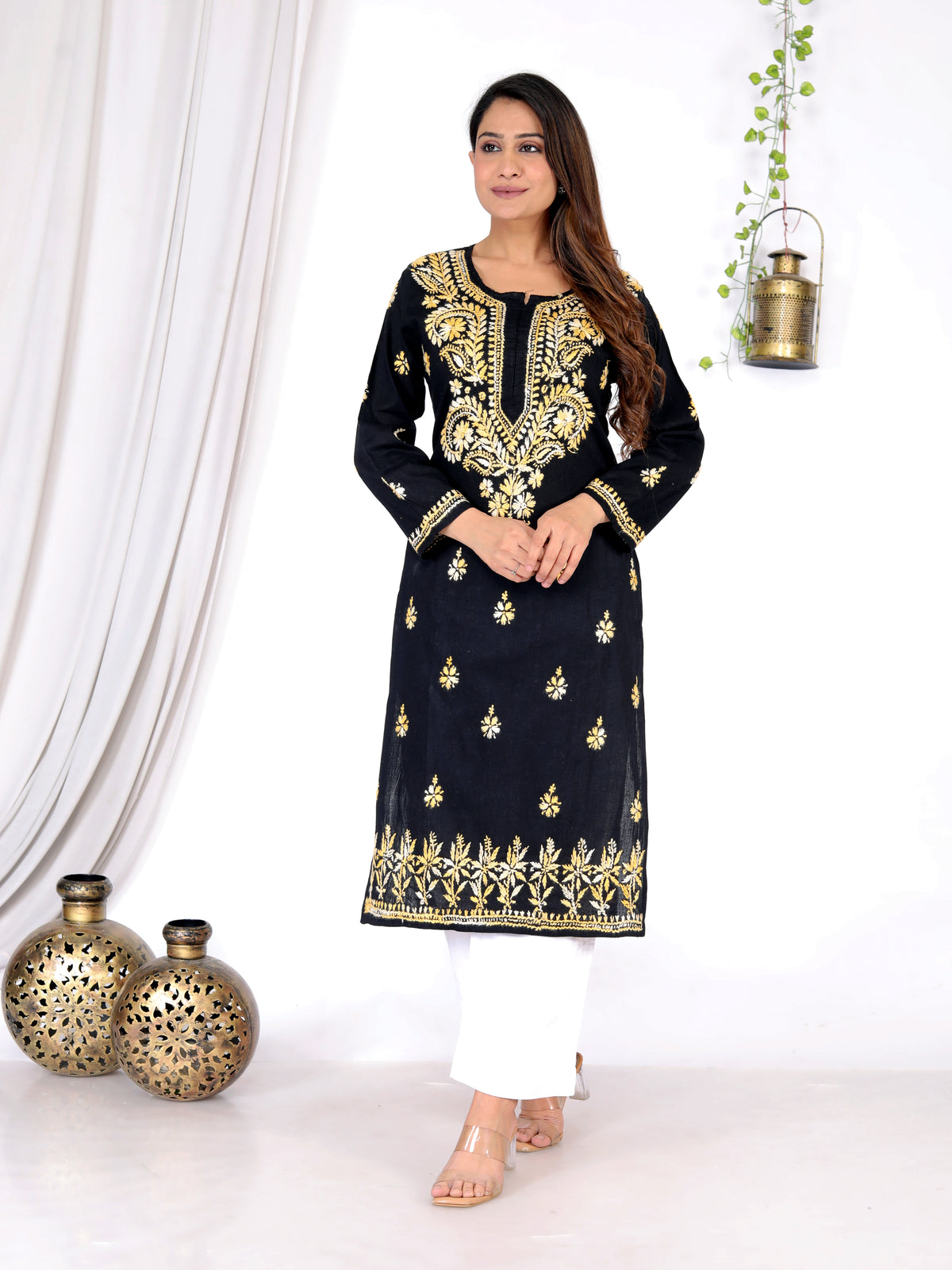 Jannat Black & Yellow Cotton Chikankari Long Kurti-