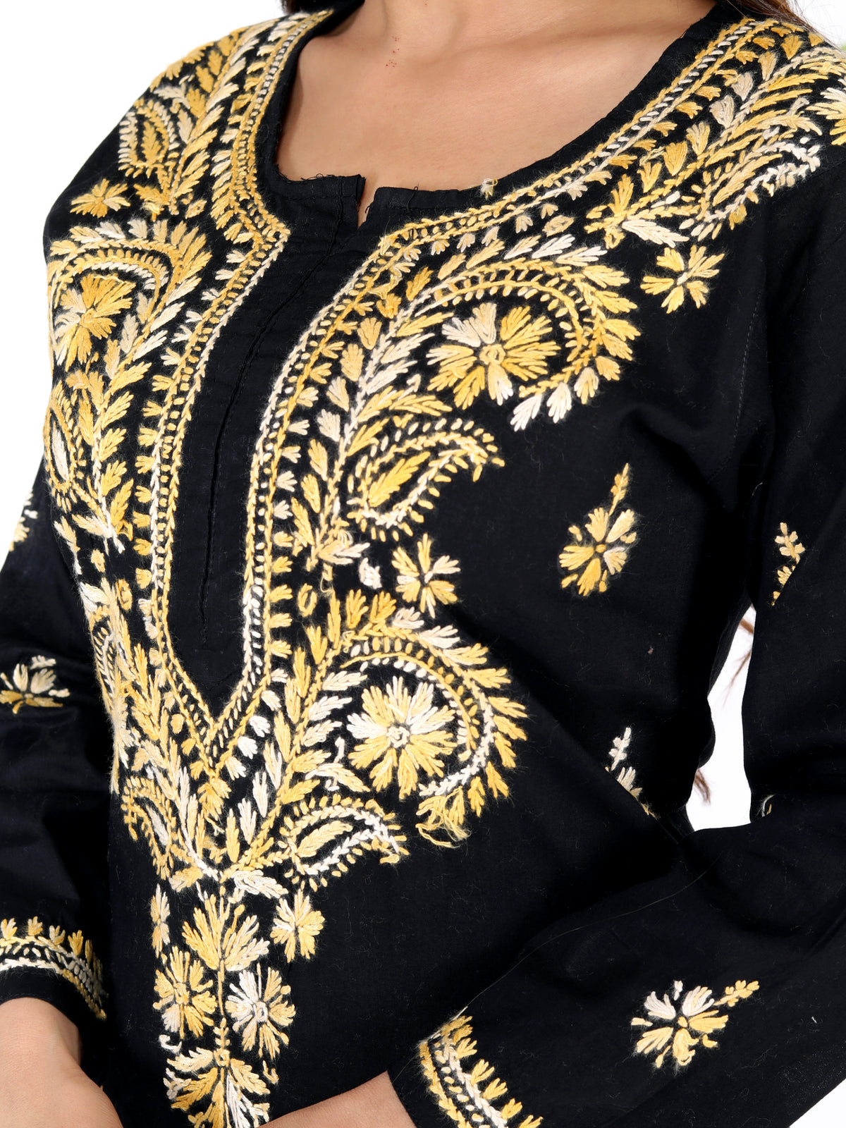 Jannat Black & Yellow Cotton Chikankari Long Kurti-