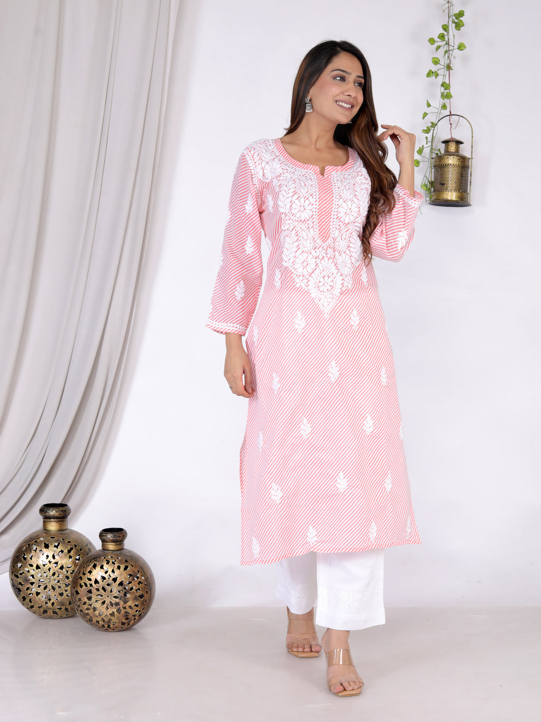 FATIMA LEHERIYA CHIKANKARI LONG KURTI