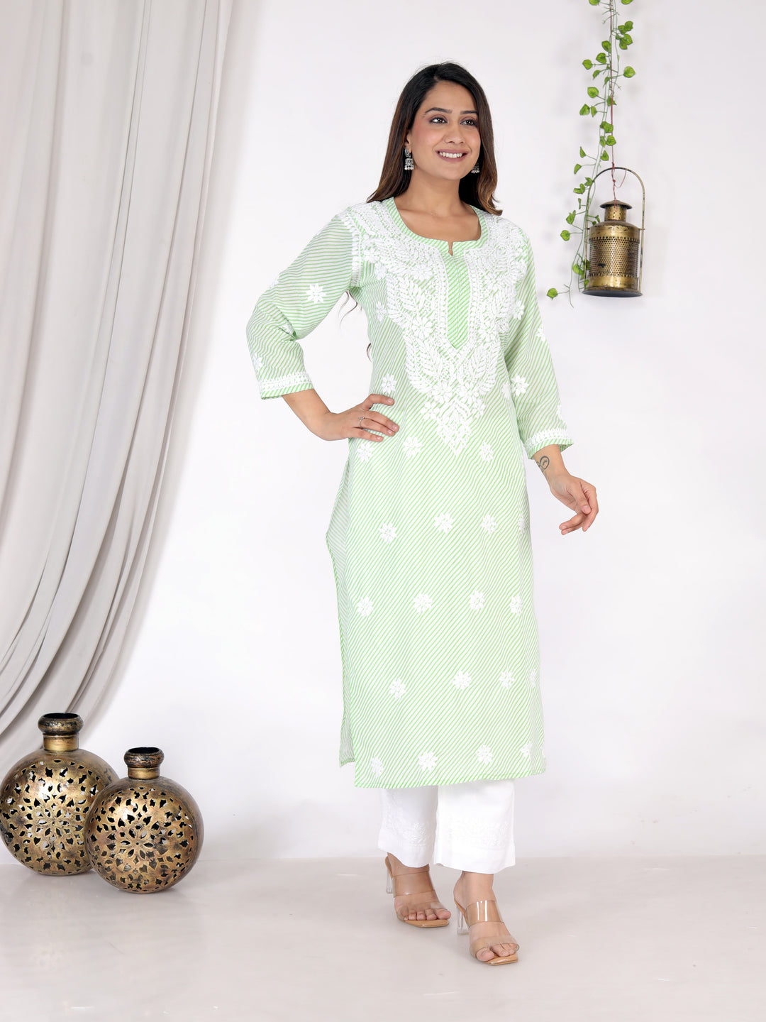 FATIMA LEHERIYA CHIKANKARI LONG KURTI