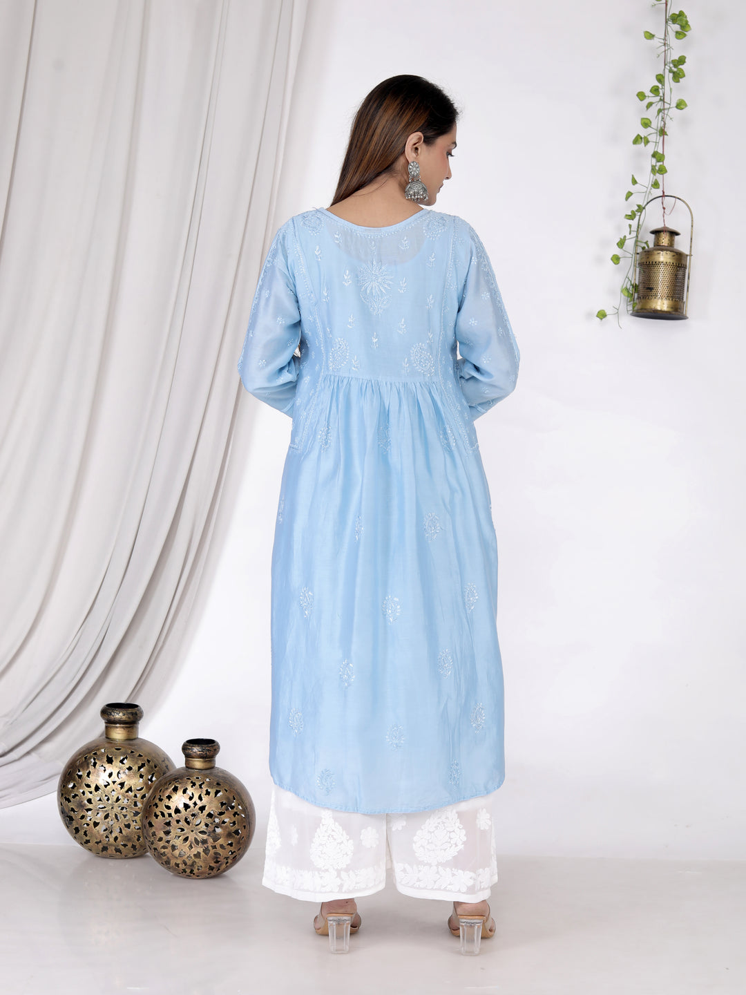 DUA CHANDERI CHIKANKARI LONG KURTI