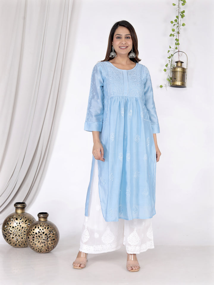 DUA CHANDERI CHIKANKARI LONG KURTI